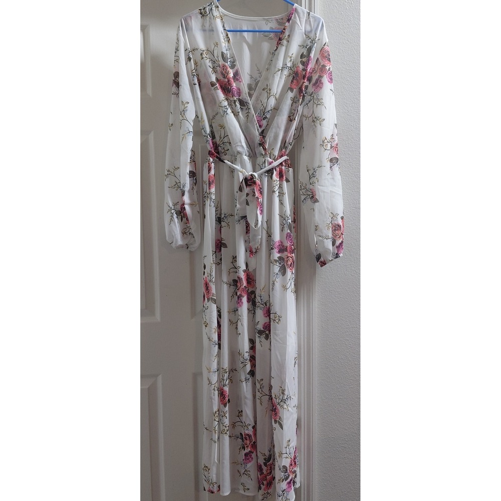 Women's XL White Floral Maxi Dress Long Sleeve V-Neck Tie Waist Boho NEW